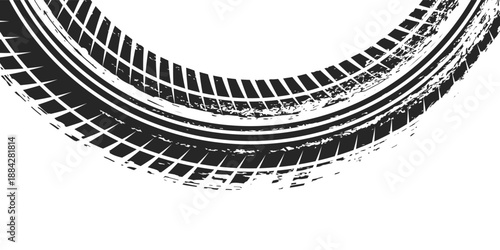 Tire track. Car, bike, motorcycle tyre mark with grunge effect isolated on white background. Wheel footprint on the road. Top view of rubber protector mark