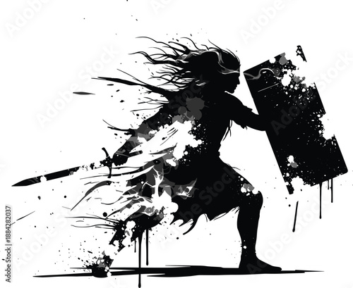Warrior ink silhouette vector, black battle figure, sword and shield pose, dynamic motion, splatter art, heroic stance, abstract combat illustration