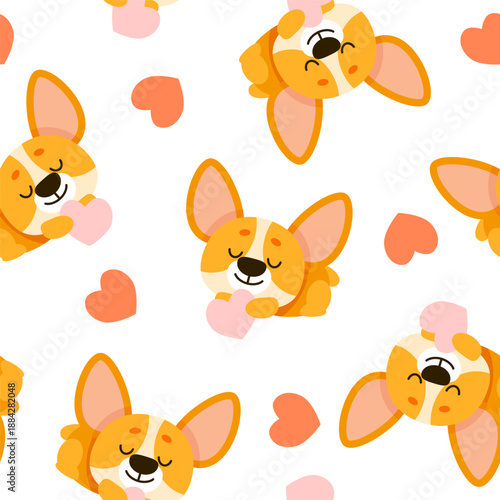 Adorable Corgi Puppies and Pink Hearts Pattern