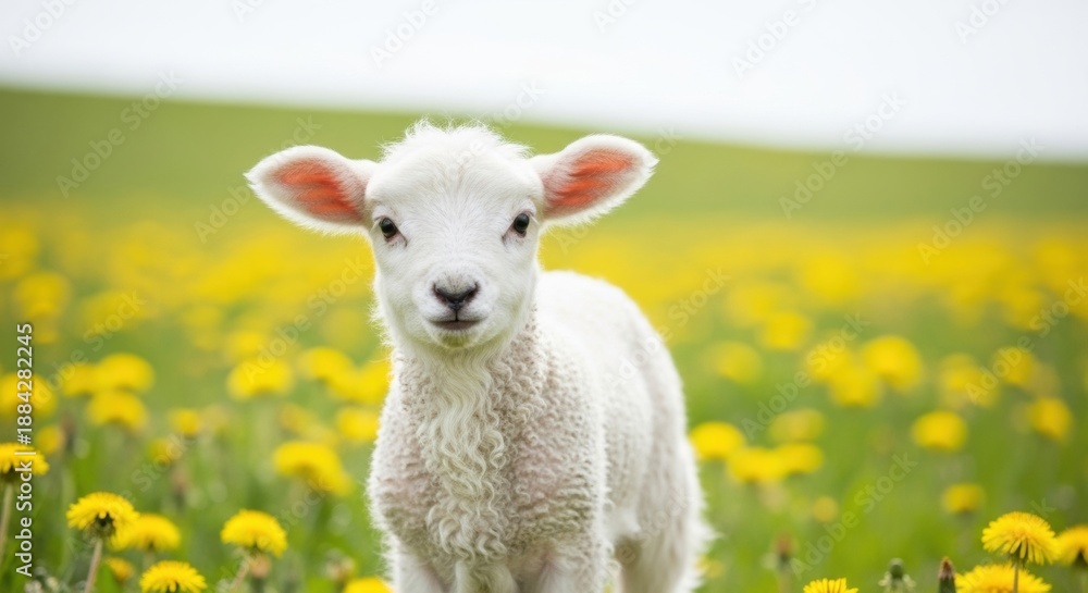 Obraz premium White lamb standing in green field with dandelions