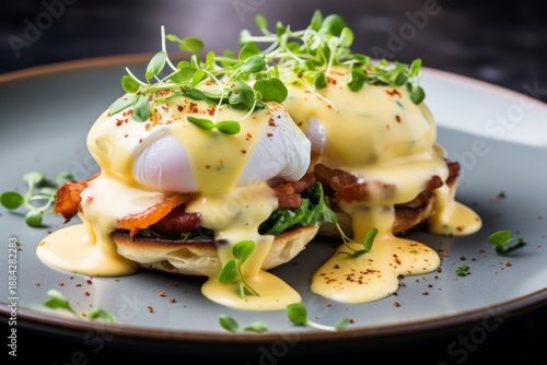 Delicious eggs benedict served with fresh microgreens and creamy hollandaise sauce on a rustic plate