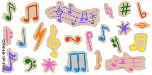 Scrapbook crayon music notes set. Doodle scribble musical symbol shapes. Collage texture music notes on cutout paper. Vector torn craft paper elements for music festival design, journaling, party.
