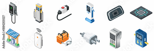 Electric Vehicle Charging Infrastructure Isometric Icons Set: EV Stations, Connectors, V2G Technology, and Smart Charging Solutions.