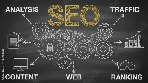 SEO concept diagram with interconnected gears and elements drawn on a blackboard
