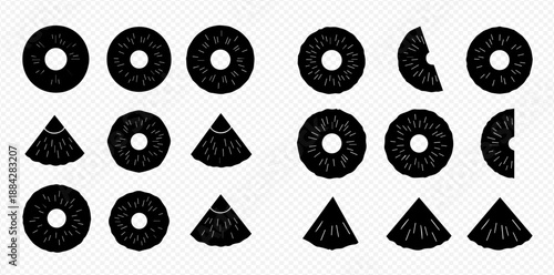 Black silhouette of pineapple slices and wedges, tropical fruit vector illustration set.