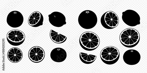 Citrus Fruit Silhouettes: Lemons and Oranges in Various Cuts and Whole Forms, Vector Illustration Set.