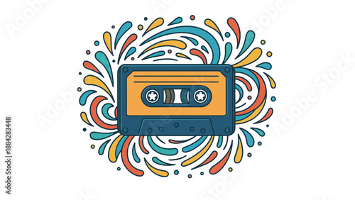 A colorful vector graphic illustration of a cassette tape with a vibrant design