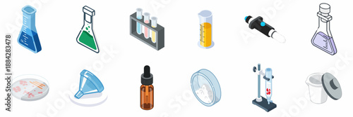 Isometric Chemistry Lab Equipment Icons Set. Flasks, test tubes, pipettes, and Petri dish illustrations for science and medical research design.