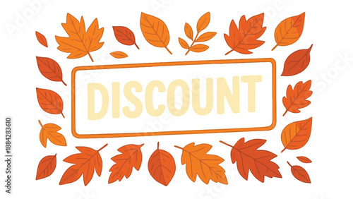 A colorful illustration of autumn leaves surrounding a discount sign