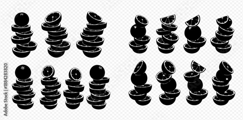 Set of black and white citrus fruit slices and whole fruits stacked in various arrangements, isolated on a transparent background.