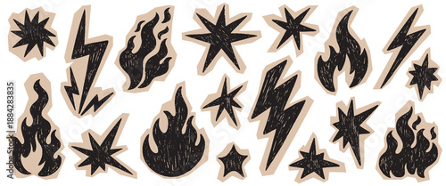 Scrapbook crayon lightning, fire and star. Scribbly texture doodles, Flash lightning fire star pastel punk rock set. Vector torn craft paper scribble elements, vintage rebel aesthetic.