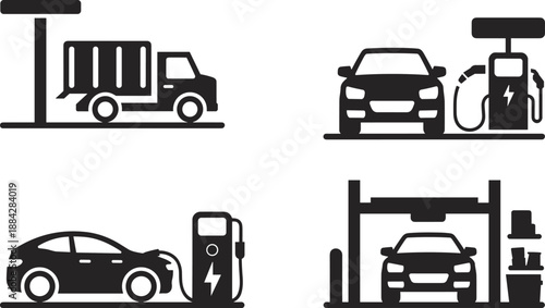 Electric vehicle charging station icons with cars and trucks, EV charger illustrations showing refueling, parking, service garage and clean energy transportation concepts for modern design