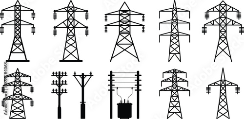 Electricity transmission tower and utility pole silhouette collection featuring high voltage power line structures, grid infrastructure elements, industrial energy distribution and electrical 