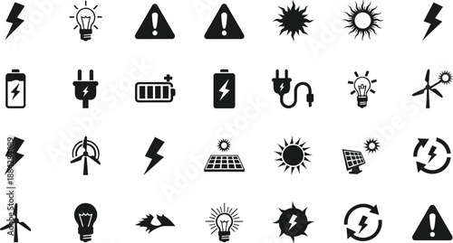 Energy icon set featuring electricity symbols, solar panels, wind turbines, batteries, plugs, warning signs and eco power illustrations for renewable energy, technology and sustainability design