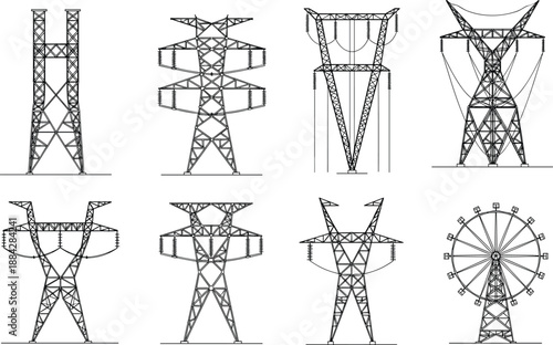 High voltage transmission tower illustration set featuring detailed power pylons, lattice steel structures, electrical grid towers and energy infrastructure designs for industrial electricity
