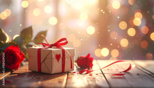 Romantic Gift Box with Roses on Wooden Table, Soft Bokeh Lights, Perfect for Valentine's Day and Special Occasions