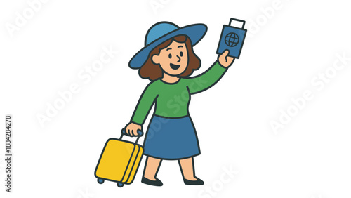A cartoon woman with a suitcase and boarding pass in a cheerful travel scene