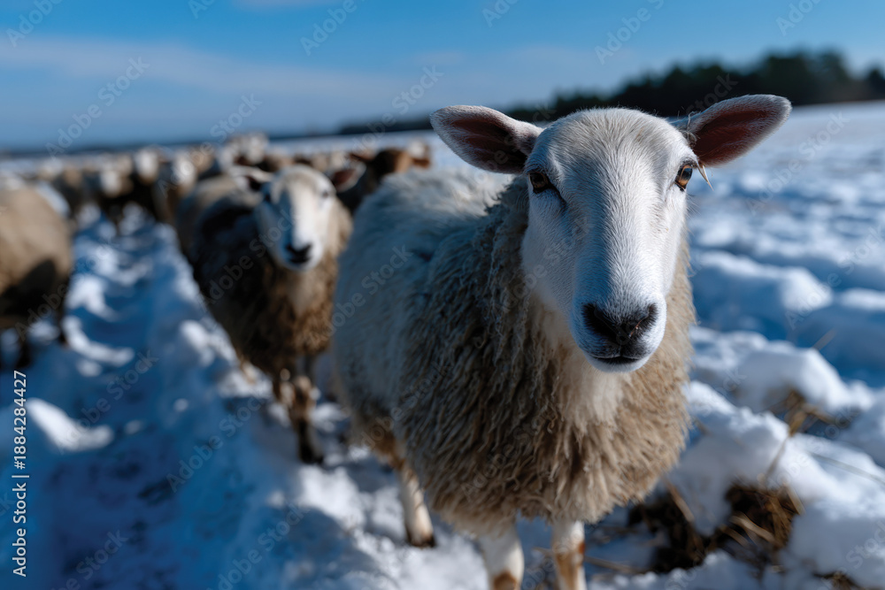 Fototapeta premium A curious sheep approaches the camera amidst a snowy landscape, highlighting the charm of rural life and the connection between animals and their environment in winter.