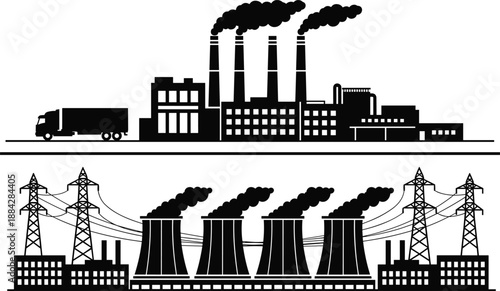 Industrial factory and power plant illustration with smoking chimneys, cooling towers, electricity pylons, energy production facilities and heavy industry pollution scenes representing fossil fuel 