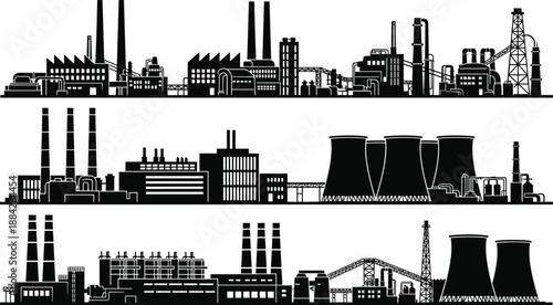 Industrial factory skyline illustration set featuring power plants, refineries, manufacturing facilities, cooling towers and heavy industry buildings for energy production, engineering and industrial 