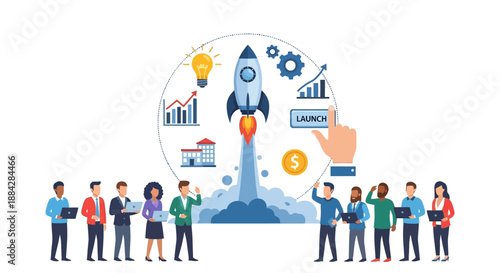 Business professionals gathered around a rocket launch, symbolizing innovation and growth in a modern technology startup environment from a global viewpoint