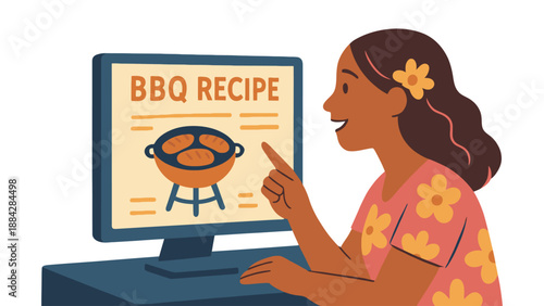 A woman in a pink shirt with yellow flowers looks at a computer screen with a BBQ recipe on it.