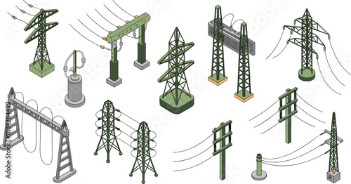 Isometric power line tower illustration set with electric utility poles, transmission structures, energy grid components and overhead wire systems for electricity infrastructure and industrial design