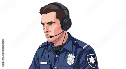 A police officer wearing a headset is focused on communication and dispatch operations in a professional setting viewed from the side.