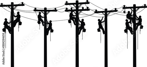 Utility lineworker silhouette illustration showing electrical technicians climbing power poles, performing maintenance on overhead cables and infrastructure for energy, utility, and industrial service