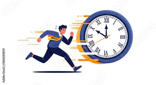 Man running beside a large clock, illustration of time pressure, dynamic pose, vector art, urgency depicted