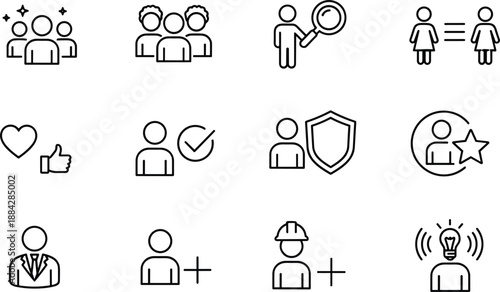 Set of human resource and business management line icons featuring teamwork leadership recruitment employee protection and creative thinking symbols.