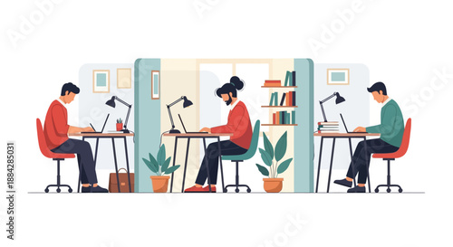 Three individuals working on computers in a modern office environment with plants and bookshelves around them from a front viewpoint