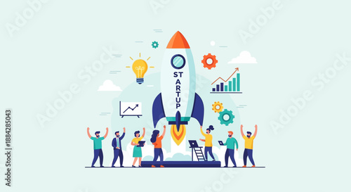 Team celebrating a successful startup launch with a rocket, graph, and ideas, vector illustration