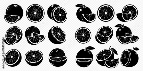 Set of Black and White Orange Citrus Fruits with Slices and Halves.