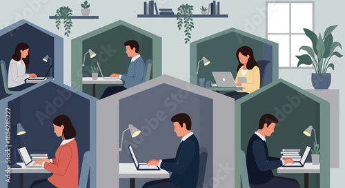 Modern office workers sit at desks in cubicles with laptops and plants around them from an overhead viewpoint