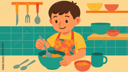 A cheerful young boy wearing an apron while mixing food in a kitchen