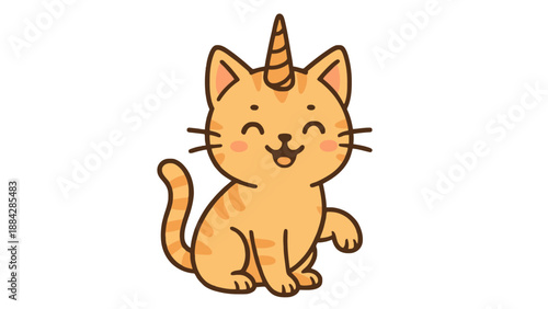 A cute cartoon cat with a unicorn horn on its forehead is smiling