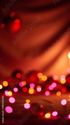Vibrant Pink and Gold Bokeh Lights on Dark Wooden Surface with a Blurred Red Background