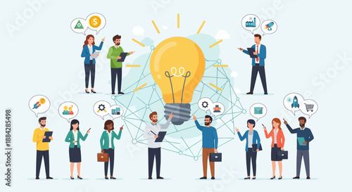 Diverse Professionals Collaborating Around a Giant Light Bulb Representing Innovative Ideas and Teamwork in a Modern Office Environment from a Bird's Eye View