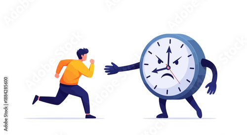 Man running away from a giant angry clock illustrating the concept of time pressure and urgency, Whisk illustration
