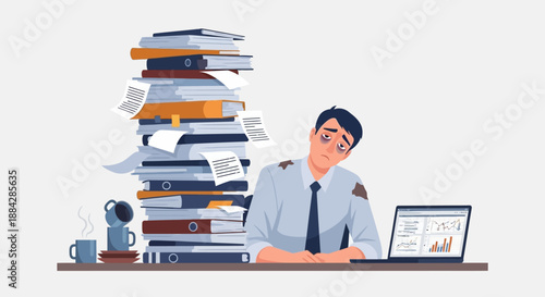 Man sitting at desk with laptop and large stack of papers in a busy office environment