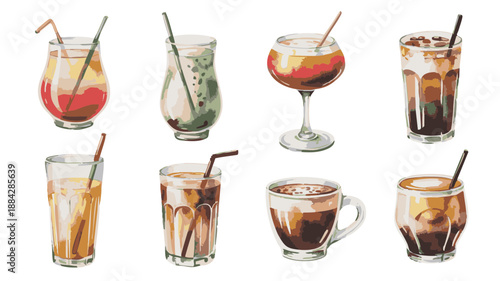 Collection of Refreshing Watercolor Cocktails and Coffee Drinks.