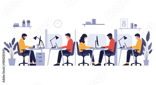 Four individuals working together on computers in a modern office environment from a side viewpoint