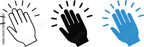 Set of hand palm icons in outline, solid black and blue styles representing high five, greeting or waving.