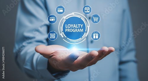 Man holding a graphic displaying loyalty program elements and benefits