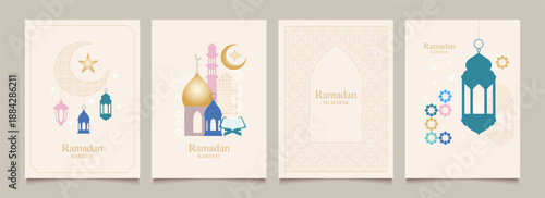 Ramadan Kareem set of greeting cards with mosque doors, arabic arches, patterns. Abstract templates of backgrounds. Trendy minimal line art design. Vector illustration.