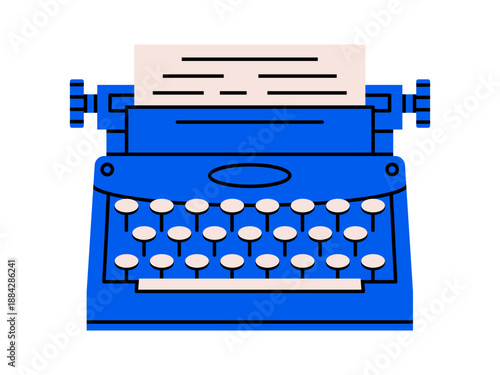 Hand drawn cute illustration of typewriter with paper sheet. Flat vector retro device with keyboard doodle. Office workplace equipment icon. Old working with text or writing machine. Isolated.