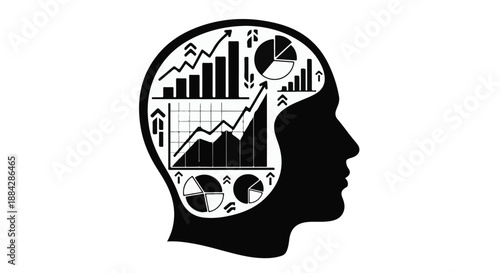 Business concept of data analysis and strategy in human head with graphs and charts, representing innovative thinking and problem solving in corporate finance and marketing