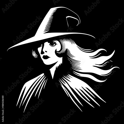 Witch in profile. Woman in a wide-brimmed hat against a light background. Mysterious and stylish sorceress image.