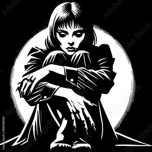 Sad girl in circle. Portrait of a sitting girl hugging her knees against a white circle. Theme of loneliness and sorrow.